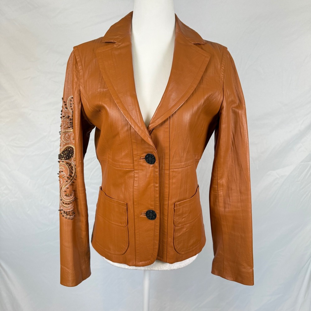 Wilsons Leather Cognac Brown Beaded Embroidered Paisley Jacket Western Chic Sm